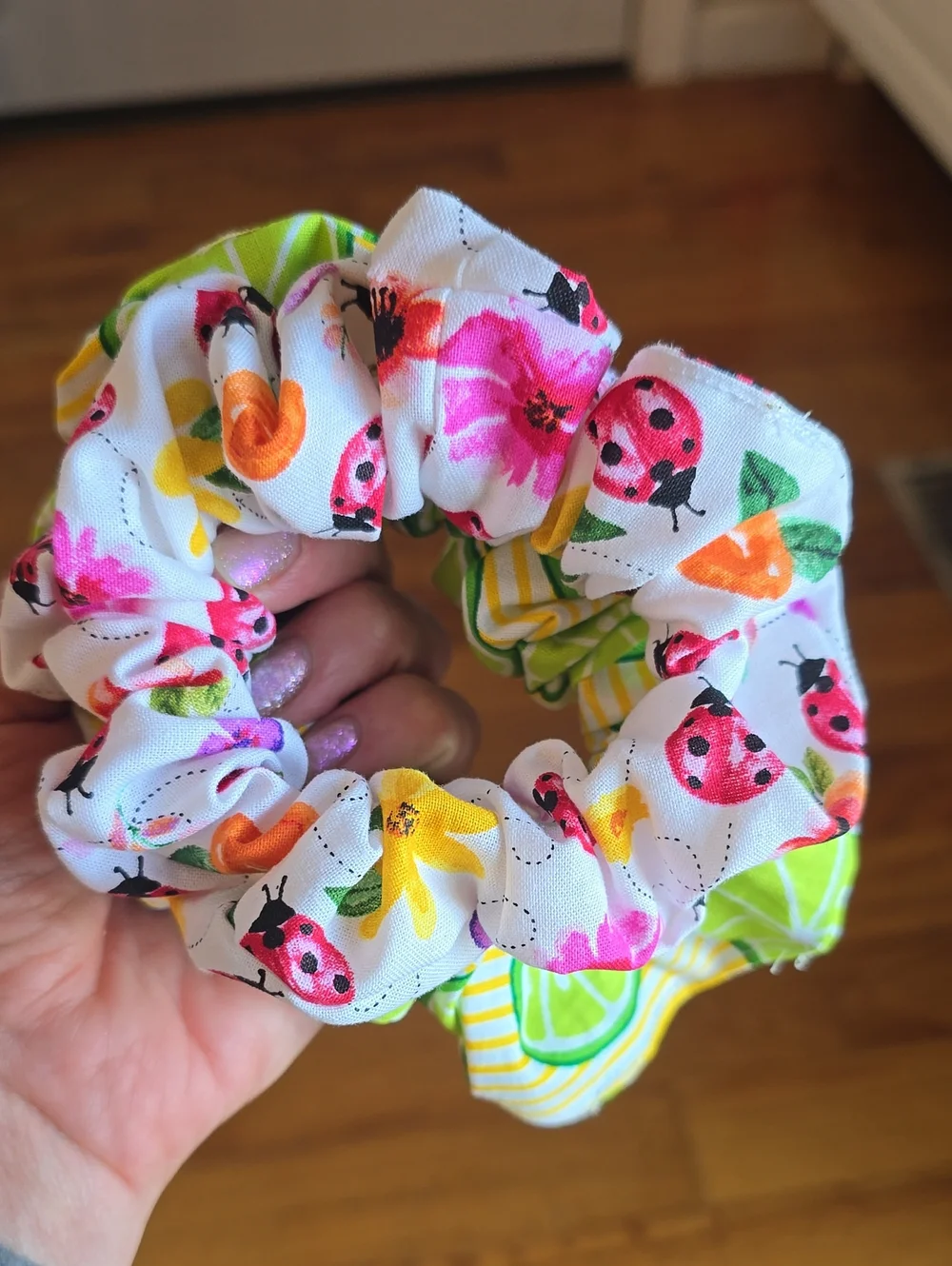 Handmade Fruit-Print Scrunchie Set - Pink & Green